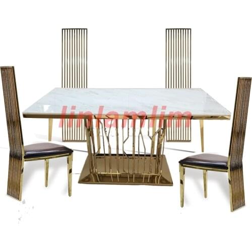 Linlamlim unique stainless steel golden dining room set with marble table and 4 leather chairs mesa de jantar muebles comedor