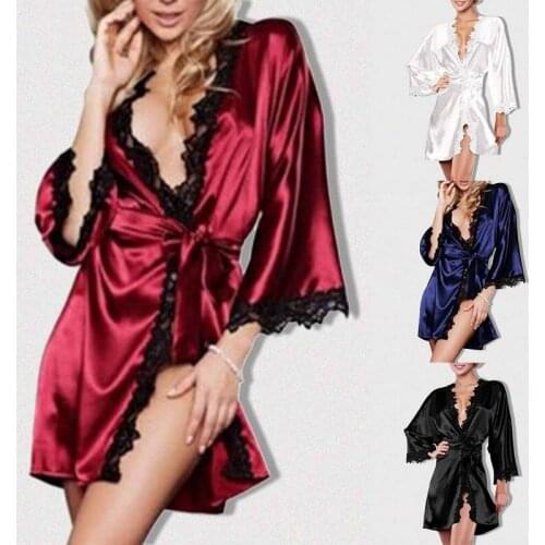 Richkeda Store New 2021 Sexy Lingerie Plus Size Satin Lace Black Intimate Sleepwear Robe Sexy Night Gown Women Erotic Underwear