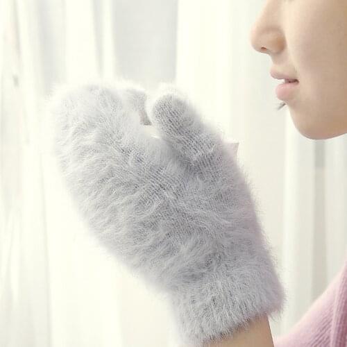 New Women Winter Thick Knitted Cashmere Double Layer Plush Rabbit Wool Knit Warm Mittens Female Cute Full Fingers Gloves