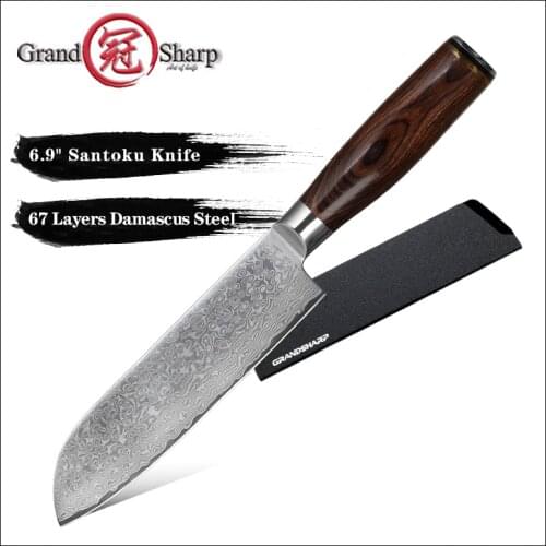 Grandsharp 6.9'' Santoku Knife vg10 Japanese Damascus Steel 67 Layers Chef Kitchen Knives Stainless Steel Vegetables Meat Sushi