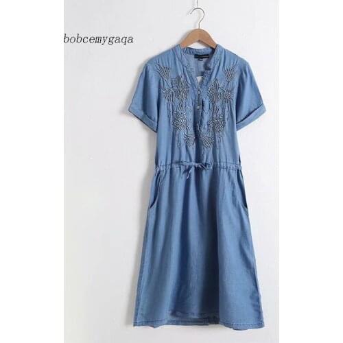 Embroidery summer soft denim dress women knee-length tied waist pleated Jeans dresses casual short sleeves blue dress