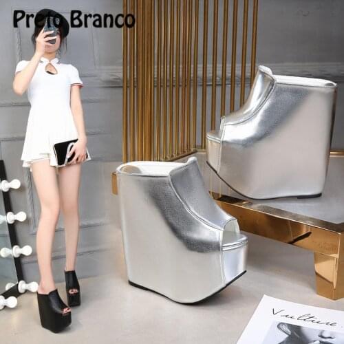 PRETO BRANCO Sexy Super High Heels Sandals Thick Bottom Waterproof Platform Silver White Heightening Show Womens Shoes ZYW