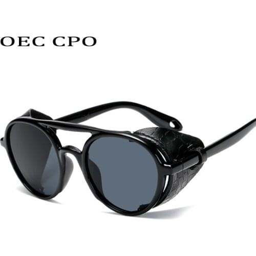 OEC CPO New Men Steampunk Sunglasses For Men Leather Punk Round Sunglasses Women Vintage Shades High Quality UV400 O74