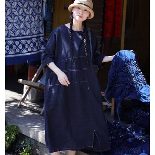 New summer ink blue linen round neck pleated loose robe 0603
