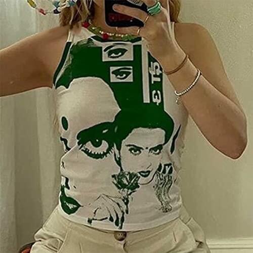 Gothic Tie Dye Tank Top Summer Women Y2K Aesthetics Portrait O-neck Sleeveless White Graphic Print Crop Top Mini Vest Streetwear