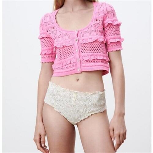 MESTTRAF Women 2021 Fashion Hollow Out Embroidery Crop Knit Sweater Vintage Short Sleeve Round Neck Ruffled Pullovers Streetwear