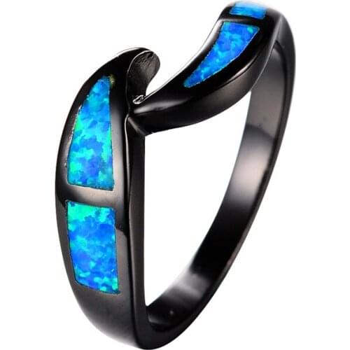 Unique Style Female Blue Fire Opal Ring Fashion 14KT Black Gold Wedding Rings For Women Promise Love Engagement Ring