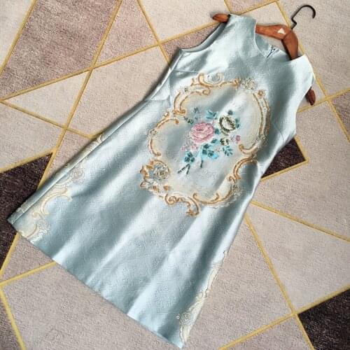 Blue print Streetwear A-Line O-Neck Sequined beading Diamonds Sleeveless Tank Above Knee 2020 Newest Spring Summer dress women