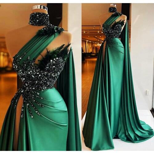 2021 Plus Size Arabic Aso Ebi Hunter Green Sexy Prom Dresses Beaded Feather Split Evening Formal Party Second Recpeiton Gowns