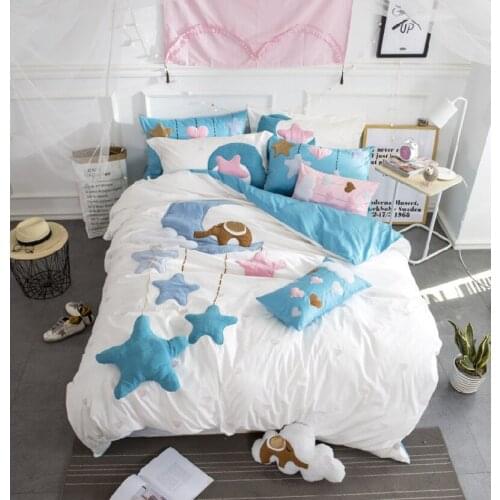 60S Egyptian cotton Luxury Lovely Cartoon Bedding Set Queen King 4pcs Bed sheet set Duvet cover Pillowcases blue white star