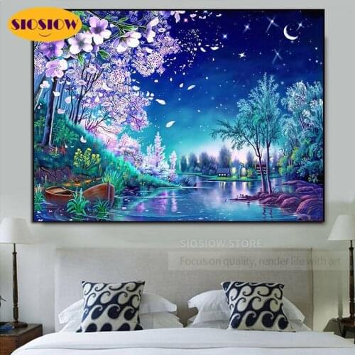5d Diy Diamond Art Painting Cross Stitch Night Sky Scenery Full Square 3D Diamond Mosaic Embroidery Landscape Decor Living Room