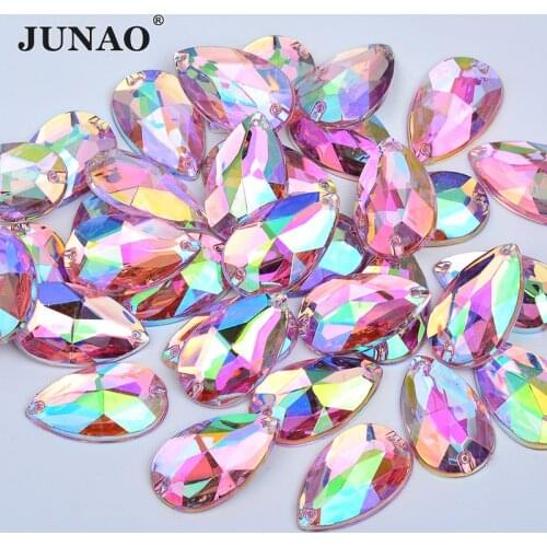 JUNAO 100pcs 17*28mm Sewing Pink AB Drop Rhinestones Applique Flatback Large Acrylic Strass Sew On Crystal Stones