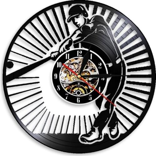 Baseball Player Silhouetter Wall Art Wall Clock Softball Vintage Vinyl Record Wall Clock Softball Club Room Decor Baseball Gift