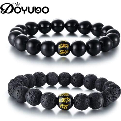 DOYUBO Buddhism Om mani padme hum Round Beads Bracelet For Male Black Volcanic Rocks Religious Bangle Men New Fine Jewelry DD068