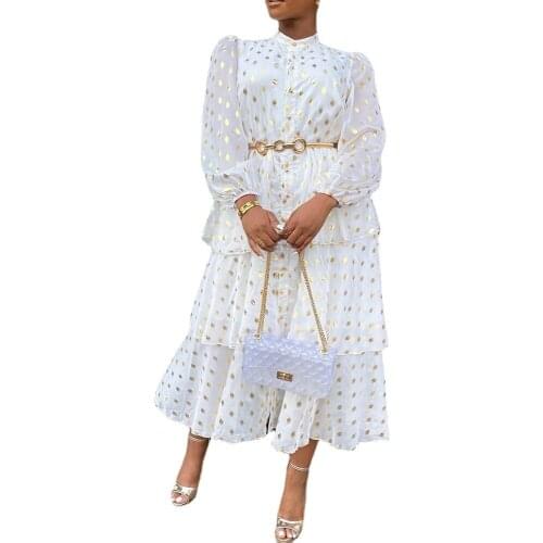 Elegant White Vintage Dot Dress Slim Chiffon Midi Party Dress Puff Sleeve O Neck Midi Dress Fall Dresses For Women 2021 Autumn