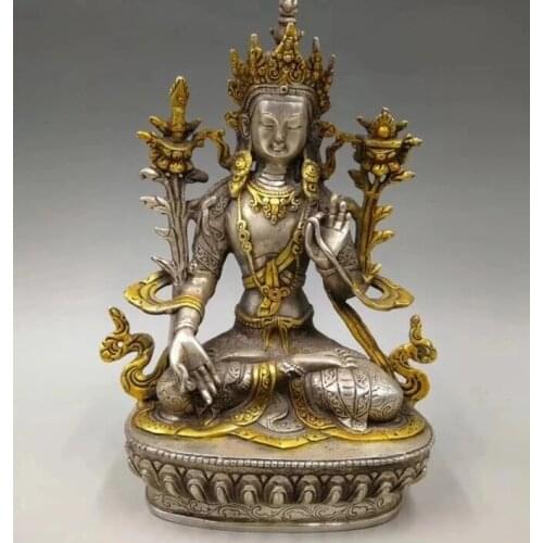 Collect archaize white copper handicraft Green tara Buddha statue