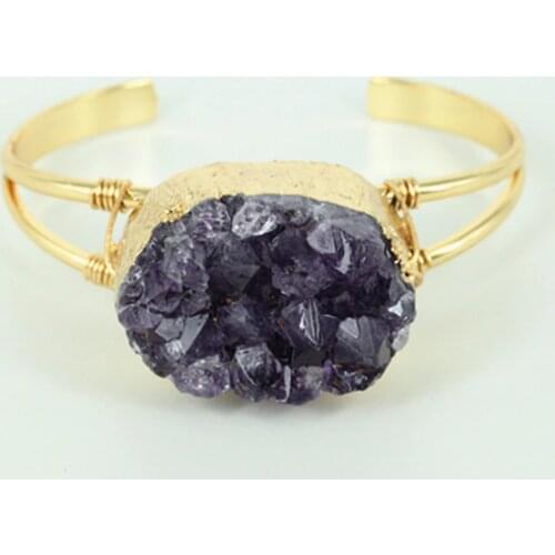 Hot Stone Statement Cuff Bangle Open Bracelets for Women Druzy Quartz Stone Gold Color Bangle Jewelry