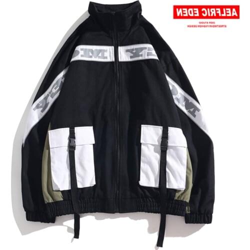 Patchwork Multi Pockets Ribbons Mens Jackets 2021 Harajuku Casual Cotton Coats Hip Hop Male Fashion Tops Streetwear