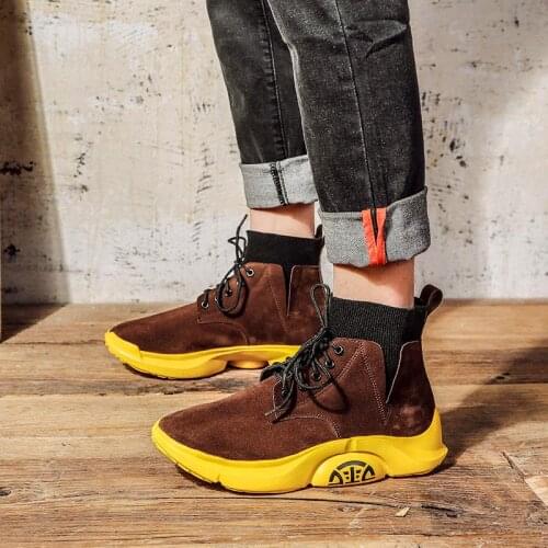 High Top PU Leather Man Shoes Sport Men Sock Shoes Men Summer Sneakers Men Sports Shoes Running Male Brown Yellow Gym GMB-0495