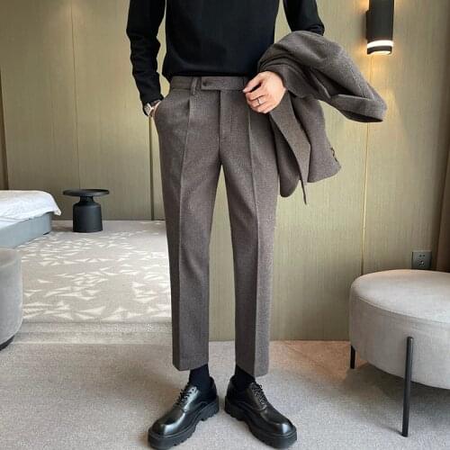 2021 Autumn Winter Thick Woolen Business Dress Pants Men Gentleman Office Social Casual Suit Pants Wedding Streetwear Trousers