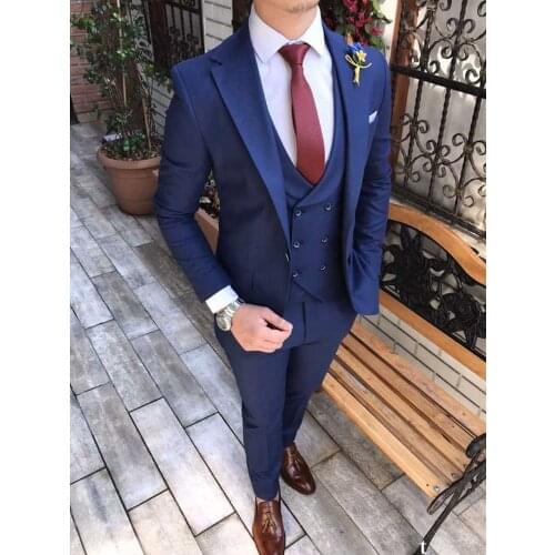 New Style Men Suits Light Navy Blue Groom Tuxedos Notch Lapel Groomsmen Wedding Best Man 3 Pieces ( Jacket+Pants+Vest+Tie ) C908