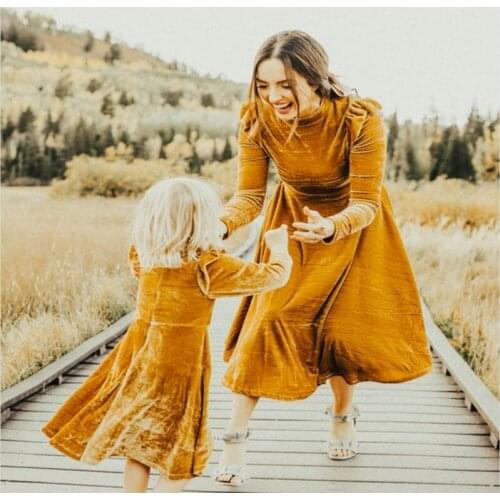 Mother and Daughter Family Look Clothes Family Matching Outfit Soild Fall Dress for Girls Dress Long-sleeve