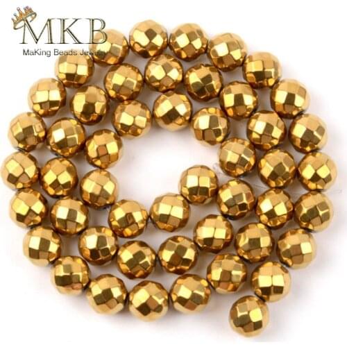 Wholesale Natural Stone Beads Faceted Golds Plated Hematite Round Beads For Jewelry Making 15inches 2/3/4/6/8/10mm Pick Size