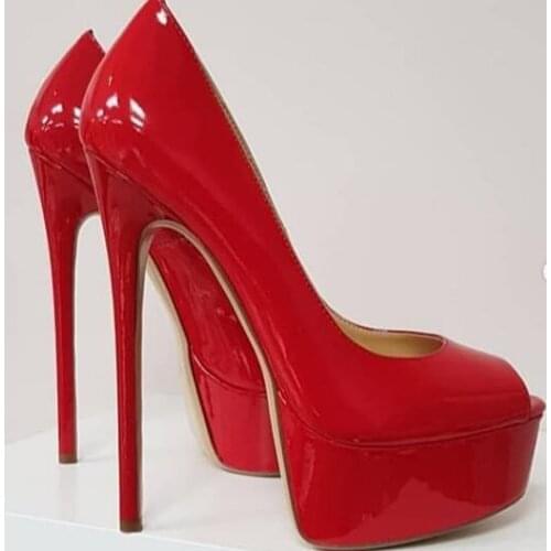 Lady Sexy Patent Leather High Platform Pumps Woman Peep Toe Super High Heels Dress Shoes Women Slip-on Banquet Shoes Thin Heels