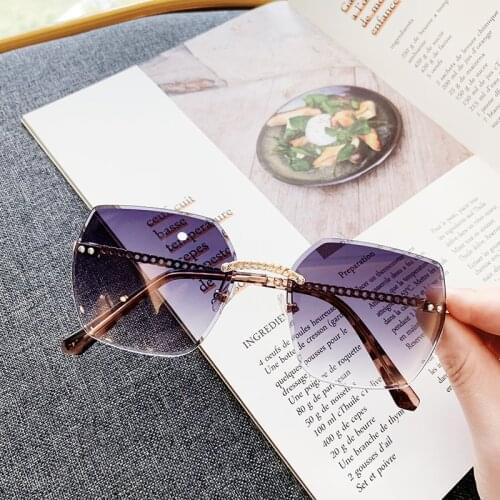 Fashion exquisite oversized trendy rimless luxury brand women sunglasses adult for uv400 FDA CE TEST