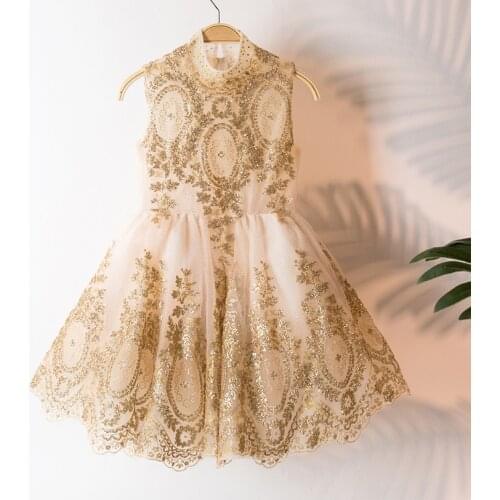 3408 Golden Embroidery Girls Wedding Costume Princess Party Costume Girls Dress Tutu Kids Dresses Wholesale Baby Girl Clothes 3P