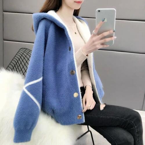 Imitation Mink Fleece Hooded Sweater Coat Women Autumn New Korean Fashion Loose Plush Cardigan Tops Thick Knitted Jacket Casacos