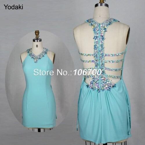 Real Photos Short Prom Dresses Hand Make Crystal Beading Halter Hollow Back Sky Blue Color Party Evening Gowns 2018