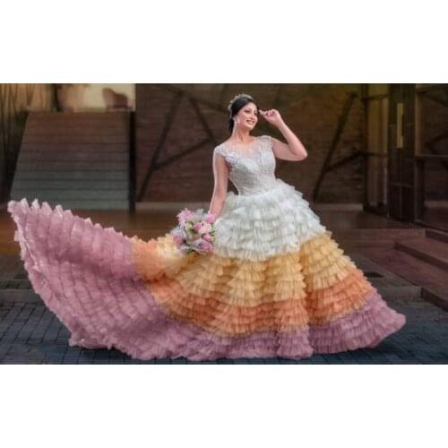 Gorgeous Mix Color Ruffles Tulle Bridal Gowns 2021 Puffy Aline Long Tulle Formal Party Dresses Lace Women Dress Lace Up Back