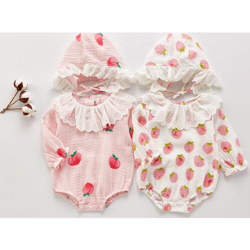 Spring 2pcs Baby Girls Romper bodysuit+hat Cotton Toddler Newborn baby girls Clothing Fruit Strawberry Print Romper
