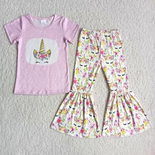 High Quality Baby Girls Pink Color Top Flowers Beller Pants Suit Kids Fashion Unicorn Short Sleeve Outfits
