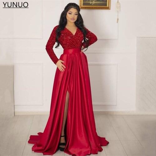 YUNUO Red V-neck Prom Evening Dress vestido de fiesta Formal Party Gowns فساتين السهرة Sequined Robe De Soiree Side Split Pocket