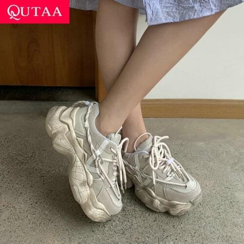 QUTAA 2021 Platform Cow Leather Knitting Casual Women Sneakers Spring Autumn Round Toe Lace Up Fashion Ladies Shoes Size 35-42