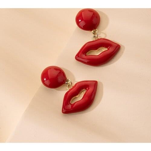 Red Enamel Lips Mouth Earrings shape female temperament simple fashion vintage metal jewelry for women