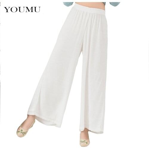 Women Vintage Wide Leg Pants Cotton Linen Full Length Trousers Loose Casual Mid Elastic Waist Solid Chinese Style 904-A442