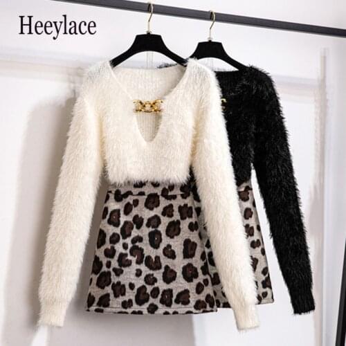 Autumn Winter 2021 Two Piece Women Set Mohair Hollow Out Elastic Sweater + High Waist Leopard Short Skirt Sexy 2 Piece Suit