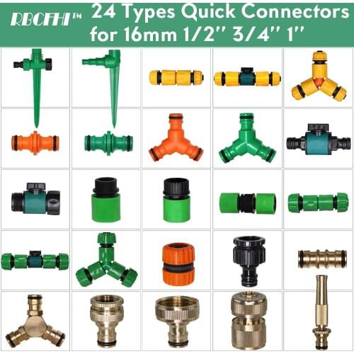 RBCFHI 24 Types Garden Water Connectors for 16MM 1/2'' 3/4'' Sprinkler Tubing Coupling Adaptor Repair Shut Off On Splitter Joint