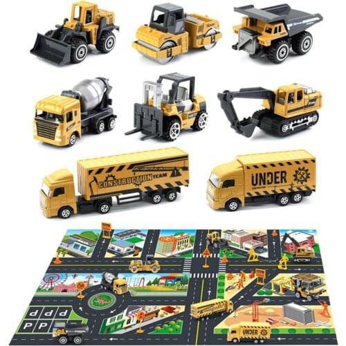 8Pcs Mini Construction Truck Car Models Road Sign City Map Carpet Kids Toy Set Boy Birthday Gift Tabletop Ornaments