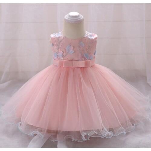 Ball Gown Dress Newborn Children Baptism Baby Girl Cute Embroidered Pink Tulle Christening Princess Toddler Birthday Party 1 Y