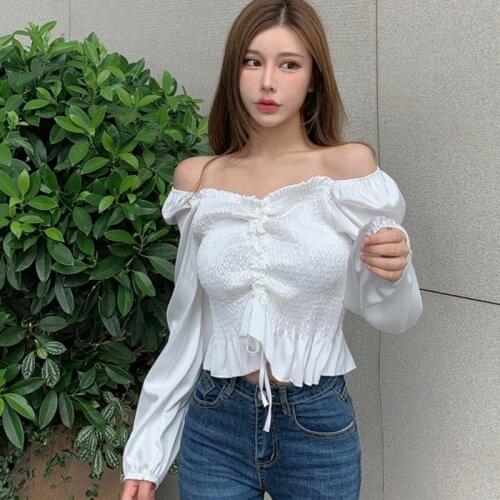 Women Solid Off Shoulder Sexy Slim Blouses Ladies Exposed Navel Long Sleeve Shirts Spring Autumn Top