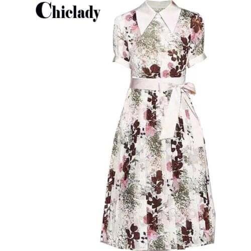CHICLADY celebrity style flower printed turn down collar elegant summer high waist midi pleated dresses women femme vestidos y2k