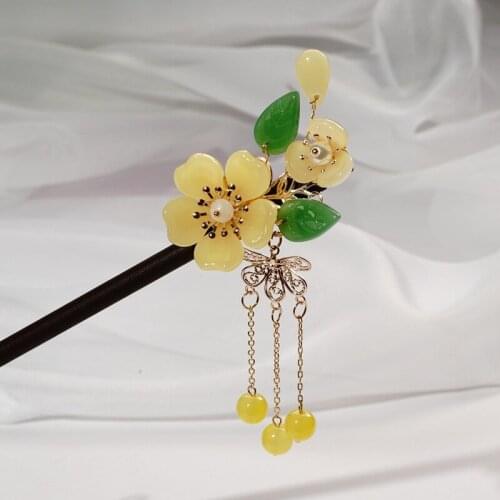 Lampwork Flower Wood Chopstick Hairpin Hair Stick Pin Clip for Women Chinese Retro Hanfu Dress Hair Jewelry Wedding Accessories