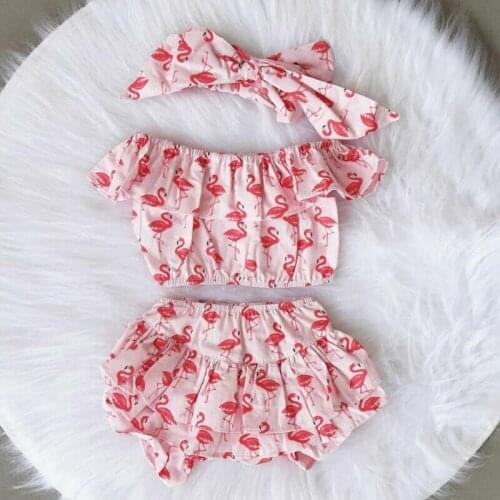 1-6T Toddler Baby Girl Flamingo Sunflower Sunsuit Clothes Ruffle Tops + Layered Pants + Headband Set