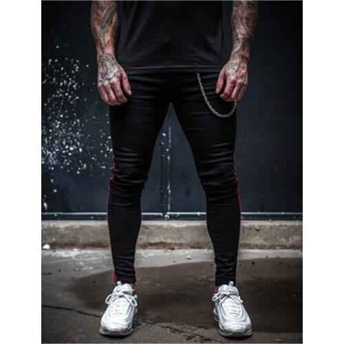 Denim Jeans Hip Hop Streetwear Solid Color Plus Size Slim Fit Cotton Jeans for Men 2021 Mens Side Stripe Skinny Fit Black