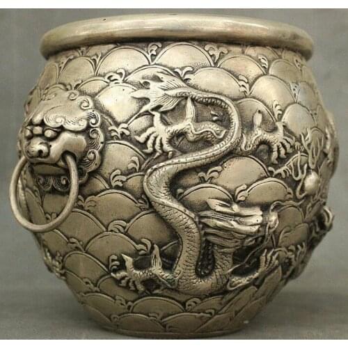 China Silver Fengshui Wealth Double Dragon Beast Lion Head Incense Burner Censer
