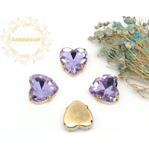 Crystal violet Heart shape Crystal Glass Sewing Rhinestones with gold Claw Rhinestones for Diy wedding Dress and Bags